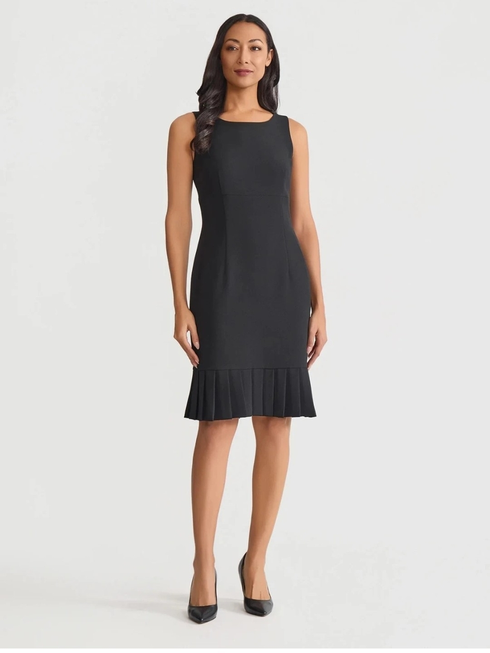 Kasper Black Sleeveless Sheath Dress with Pleated Hem